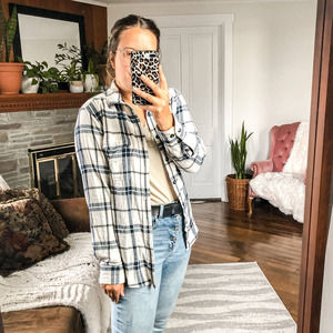 SONOMA | Women's Small White Cotton Blue Plaid Button Down Shirt Flannel